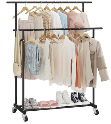 Perchero portátil de doble barra con ruedas, organizador de ropa para hogar Foto 1 de 4