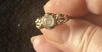 BAGUE ANCIENNE 1900 OR FABRIQUÉE MAINS 14K SERTIE AIGUE MARINE T55 - Photo 1/4