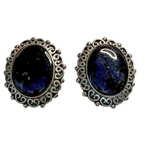 Vintage Black Glass Cabochon Clip-On Earrings Ornate Silver  Filigree Victorian - Picture 1 of 12