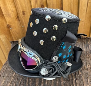 Black Steampunk Top Hat Roses Cogs Goggles Feathers Cards Spikes 58cm (30) - Picture 1 of 8