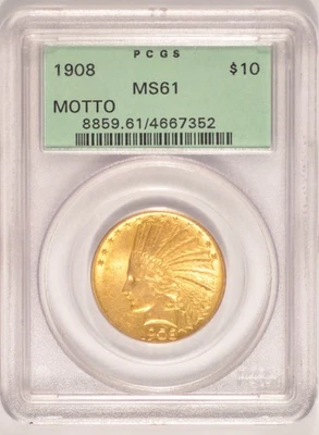 1908 Motto $10 Gold Indian Eagle Coin PCGS MS61 Pre-1933 Gold Old Green Holder - Image 1 of 4
