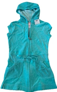 Justice Little Girls Sz 5 Mint Terry Cloth Full Zip Hooded Swim Cover Up Romper - Picture 1 of 4