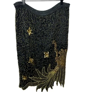 Vintage Beaded Embroidered Silk Skirt Guilded Age Style Black Womens Size XL - Picture 1 of 8