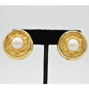 Vintage Pierced Earrings Dangle Brushed Gold Chunky Round Pearl NOS 1980s 9E - Picture 1 of 7