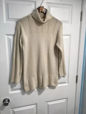 Suéter de cachemir Country Shop para mujer túnica marfil cuello alto manga larga cable Foto 1 de 4