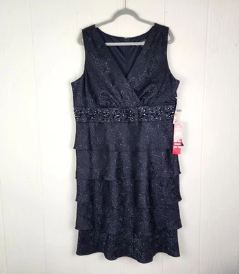 NWT R&M Richards Black Midi Dress Beaded Tiered Ruffle Size 16W Sleveless V Neck - Image 1 of 4