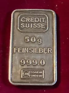 RARE VINTAGE SILVER INGOT "CREDIT SUISSE" :  STUNNING - BULLION BAR - 50 grams ! - Picture 1 of 5