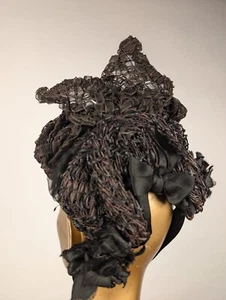 VICTORIAN 19TH C HORSEHAIR + STRAW BONNET HAT W WING TOP DETAIL - Picture 1 of 5