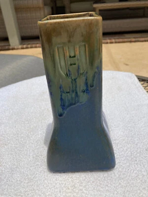 Fulper 1909-1916 Vintage Art Pottery Mottled Blue/Green Square Ceramic Vase #50 - Image 1 of 4