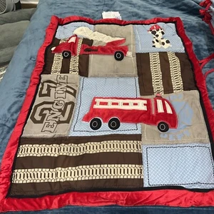 Nook Fire truck Baby Bedding 5 Piece Set Blanket/ Diaper Hld sheet/ Valance - Picture 1 of 11