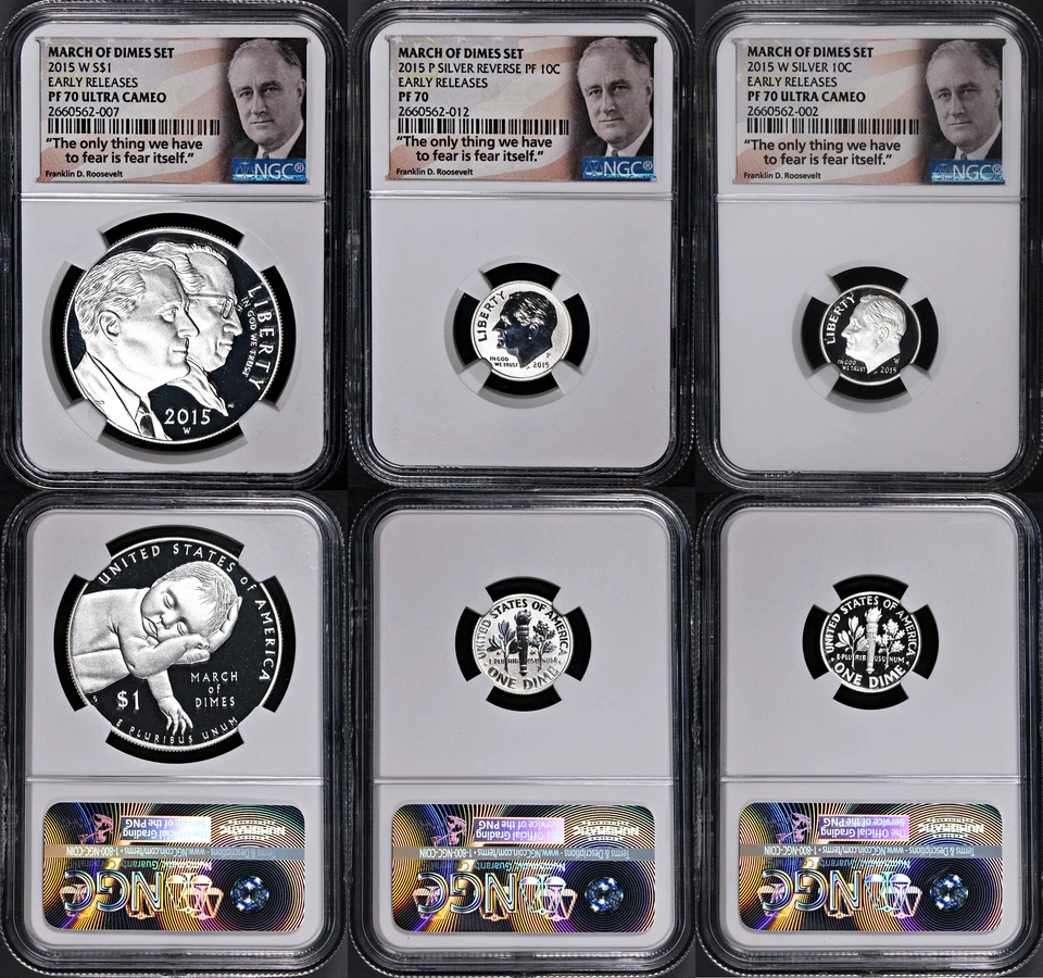 2015 March of Dimes 3 Coin Set NGC PF70 Early Releases Roosevelt Label STOCK - Image 1 of 1