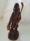 Vintage Hand Carved Wood Man With Dog Holding A Lanter And Staff In Left Hand
