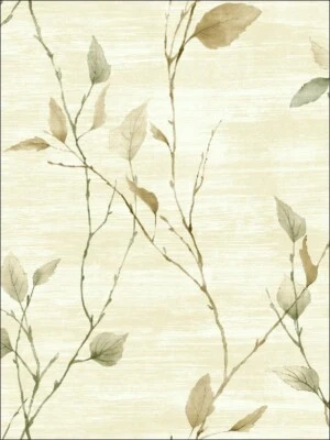 Green and Gold Leaves On Branches On Stria Cream Unpasted Wallpaper SG40204 - Image 1 of 2