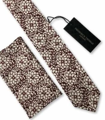 Frederick Thomas matching maroon floral mens tie and pocket square necktie set - Image 1 of 2