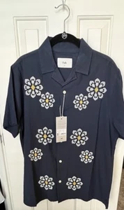 Herrenhemd marineblau hawaiianischer Stil Blumenmuster Leinen/Baumwolle bestickt M neu mit Etikett - Bild 1 von 9