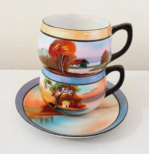 Vintage Chikaramachi Japanese Lusterware Tea Cups & Saucer Opalescent Blue Peach - Picture 1 of 12