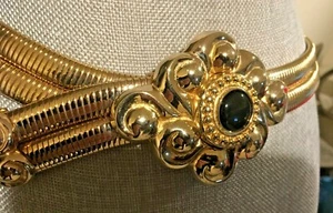 Judith Leiber BELT Buckle Gold Tone Black Onyx Snake Stretch Vintage 32" - Picture 1 of 10