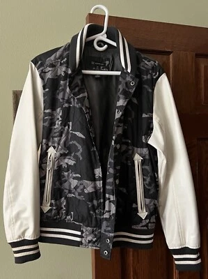 INC Classic Letterman Bomber Jacket Vegan Leather Sleeve Camouflage Size Medium - Image 1 of 4