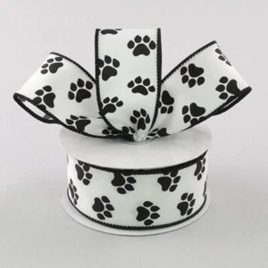 White Satin with Black Paw Prints 1.5" Wired Paw Print Ribbon 10 Yards / 30 F... - Picture 1 of 2