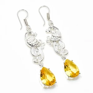 925 Sterling Silver Yellow Citrine Gemstone Handmade Jewelry Earring Size-1.8" - Picture 1 of 4