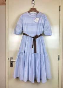 BRUNELLO CUCINELLI NWT Long Dress Gown Cotton Blue Striped Belted A-Line Flare S - Picture 1 of 19