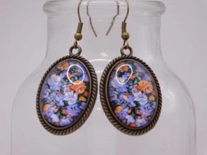 Metal & Glass Pierced Dangle Earrings, Lavender & Peach Floral, 1" - Picture 1 of 2