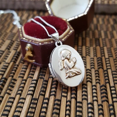 Vintage 925 Sterling Silver Necklace, Vintage Praying Angel Locket, 18" Chain  - Image 1 of 4