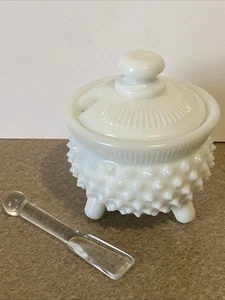 Vintage Fenton White Milk Glass Hobnail Glass Honey Mustard Jelly Jar w/Wand - Picture 1 of 7