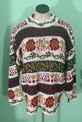 Suéter Vintage Carolina Colores Rojo Verde Dorado Rosa Floral Acrílico Mujer Pequeño Foto 1 de 4