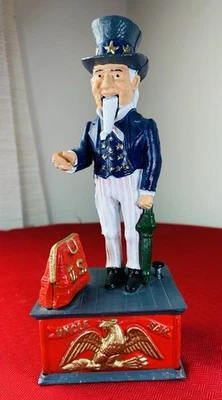 VTG  UNCLE SAM CAST IRON MECHANICAL COIN BANK (The Book Of Knowledge) Taiwan MCM - Image 1 of 4