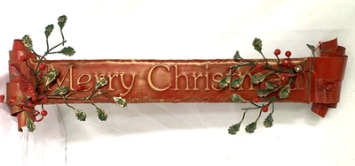 Vintage Metal Merry Christmas Wall Decor Sign Cardinal Holly Holiday 20 in Long - Image 1 of 4