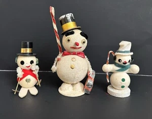vintage Christmas Mica snow flocked Japan Snowman Lot 3 Putz Ski Candy Cane 7” - Picture 1 of 13