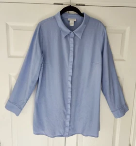 Soft Surroundings Size L Rayon Button Down Shirt Long Sleeves Back Pleats Blue - Picture 1 of 7