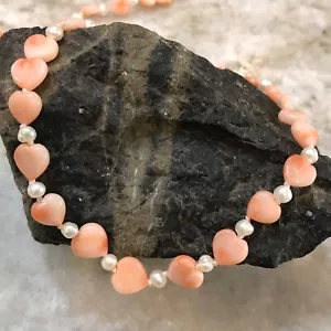 Collana oro 14 kt rosa pelle angelo corallo cuori intagliati e perle FW ragazza delicata 16" - Foto 1 di 8
