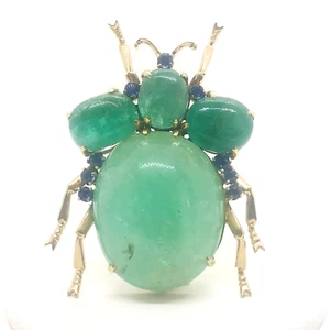 Vintage Beetle Bug Emerald Beryl Sapphires Cabochons 14k Gold Brooch Pin - Picture 1 of 12