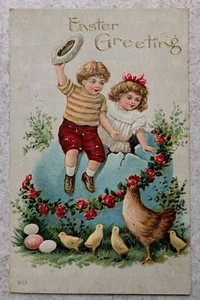 AK Ostergruß Kinder aus heiterem Ei Hühner und Essereier UNP - Bild 1 von 2