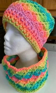 DIVINE SWIRL HAT COWL scarf SET multicolor RAINBOW crochet handmade child women - Picture 1 of 3