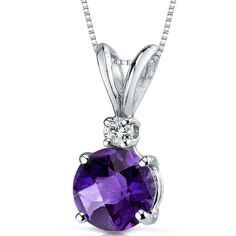 Кулон из белого золота 14 карат круглой огранки 1,00 карата с аметистом и бриллиантовым акцентом, 18 дюймов - Изображение 1 из 4