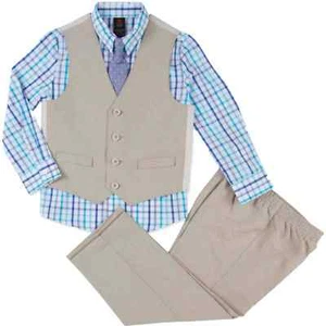 Boys 4-Piece Dress Up Outfit Marine Teal Plaid Shirt, Tie, Vest & Pants - Picture 1 of 1