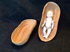 Antique Japan Bisque Jointed Baby Doll in Papier Mache Peanut Shell Crib Box