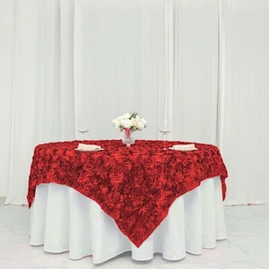 72x72" Red SATIN Raised Roses TABLE OVERLAYS Unique Wedding Party Toppers Linens - Picture 1 of 8