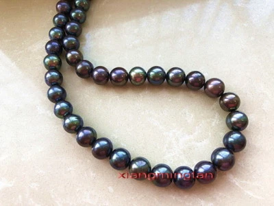 AAAAA 18"10-11 mm REAL Tahitian round BLACK green multicolor pearl necklace 14K - Image 1 of 4