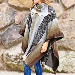 Lightweight BABY ALPACA Wool Collared Poncho Pullover UNISEX Handmade in Ecuador - Picture 1 of 8
