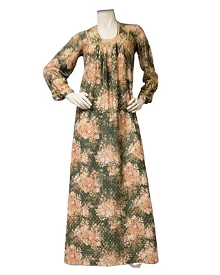60s Vintage Green Gold Metallic Lame Floral Bouquet Caftan Dress S/M MAXI - Image 1 of 4