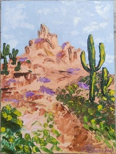 Original Oil Painting Arizona Desert Landscape Cactus Sky Hand Painted Art 8x6 - Picture 1 of 9