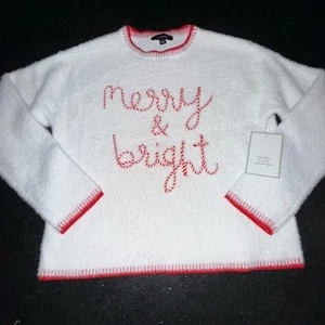 NEW ANTHROPOLOGIE CALLAGRAPHIE FUZZY WHITE SWEATER RED RIBBON MERRY & BRIGHT MED - Picture 1 of 9
