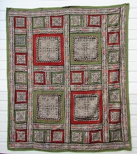 Kutchi Indian Patchwork Wall Hanging Rectangular Green/Ocre 112 x 97 1/2" - Picture 1 of 6