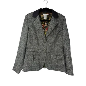 Cabi Tweed Blazer Women 14 Gray Wool Blend Equestrian Old Money Horses - Picture 1 of 9