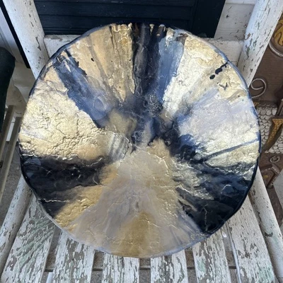 Abstract Pattern TOZAI Metallic Gold Tones & Black Fused Glass 13” Bowl Turkey. - Image 1 of 4