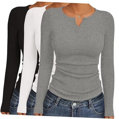  Paquetes de 3 camisas pequeñas de manga larga para mujer negras/blancas/gris claro (3 piezas) Foto 1 de 4